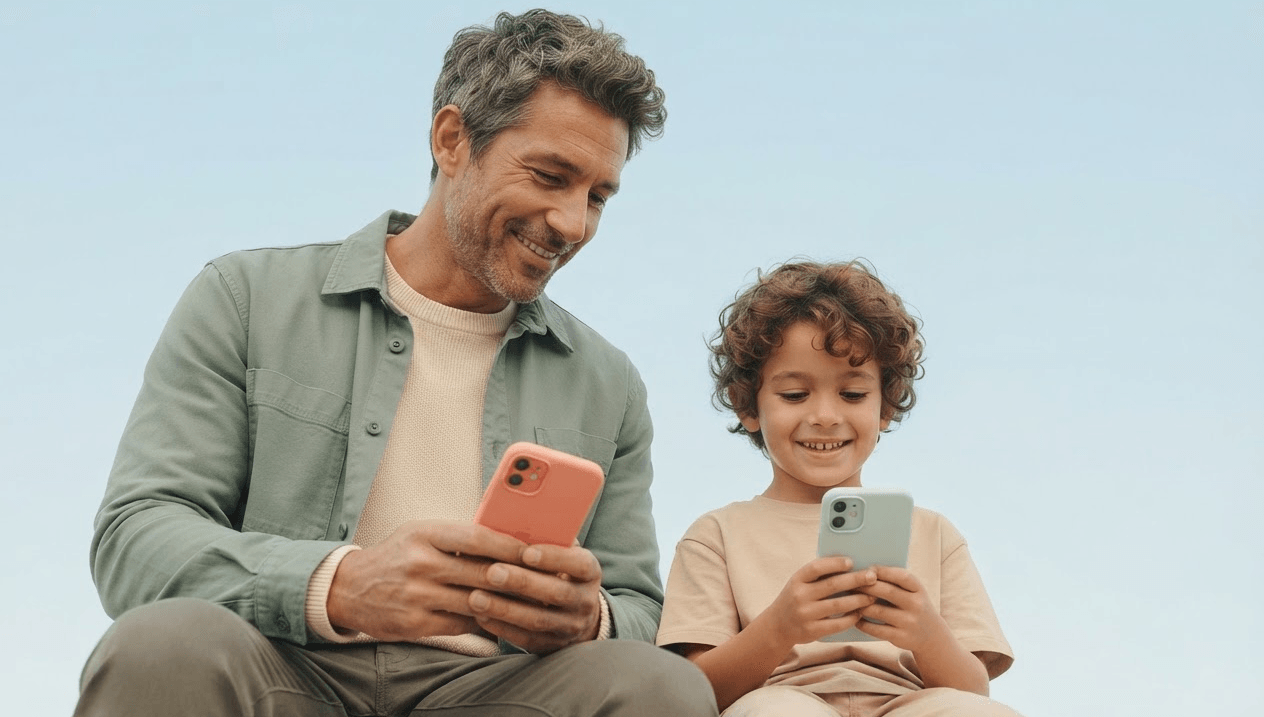A parent and child smiling while looking at their phones